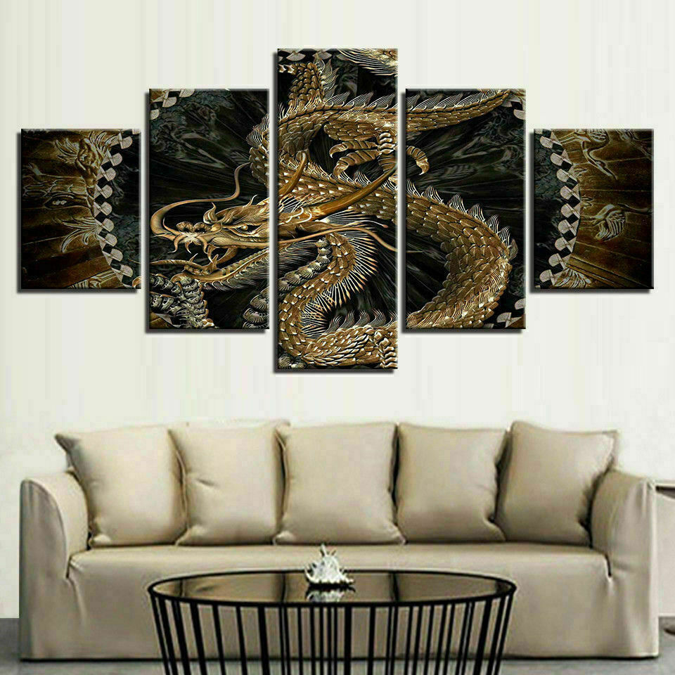 Sacred Gold Chinese Dragon 5 Piece canvas Wall Art Print Poster Home Decor