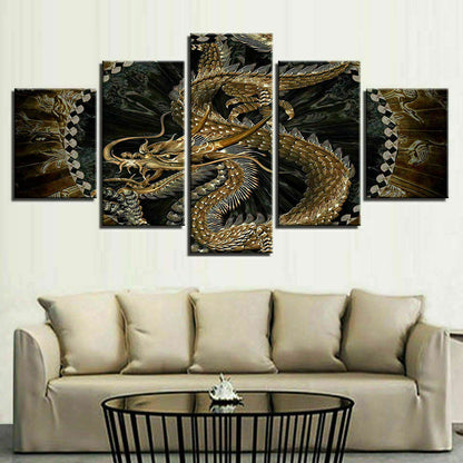 Sacred Gold Chinese Dragon 5 Piece canvas Wall Art Print Poster Home Decor
