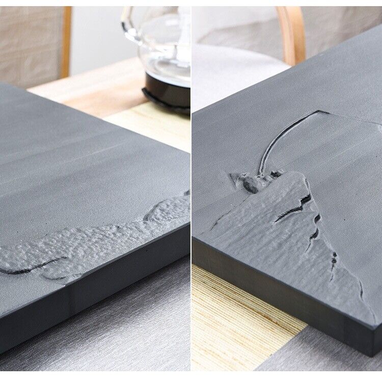 Newly Listed Chinese Black Stone Tea Tray Fishing Design Carved Weighted Tray