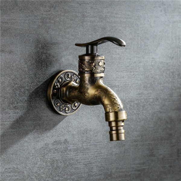 Bibcock Faucet Carved Wall Mount Zinc Alloy Antique Garden Wash Basin Decorative