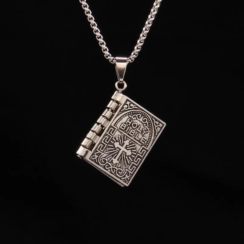 Vintage Silver Cross Bible Book Pendant Necklace Unique Jewelry For Men Women