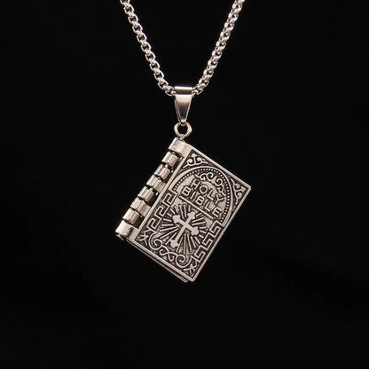 Vintage Silver Cross Bible Book Pendant Necklace Unique Jewelry For Men Women