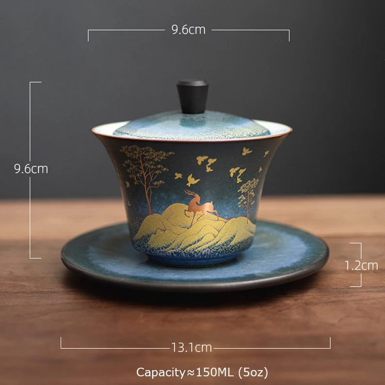 Embersceramic Ceramic Teacup Gold Deer Chinese Kung Fu Gaiwan for Tea