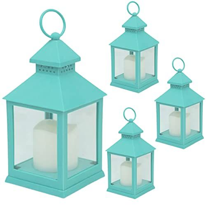 Decorative Teal Lantern - Set of 4 - Lanterns with Flameless Candles &