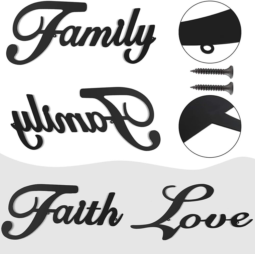 3 Pieces Metal Word Sign, Black Rustic Faith Family Love Wall Art Sign