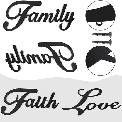3 Pieces Metal Word Sign, Black Rustic Faith Family Love Wall Art Sign