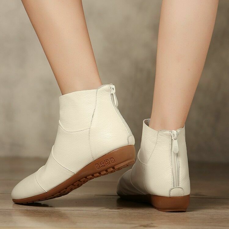 Women Chelsea Wedge Heels Flats Ankle Boots Beige Plus Size New Back Zip Shoes @