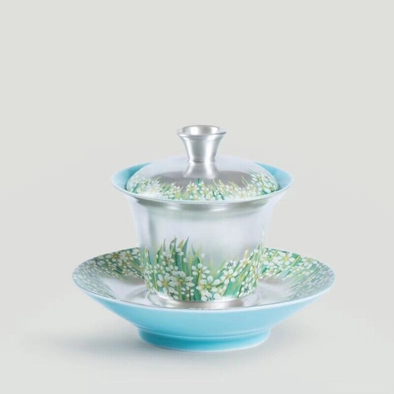 complete tea set silver plated gaiwan matching tea cup towel handmade floral new