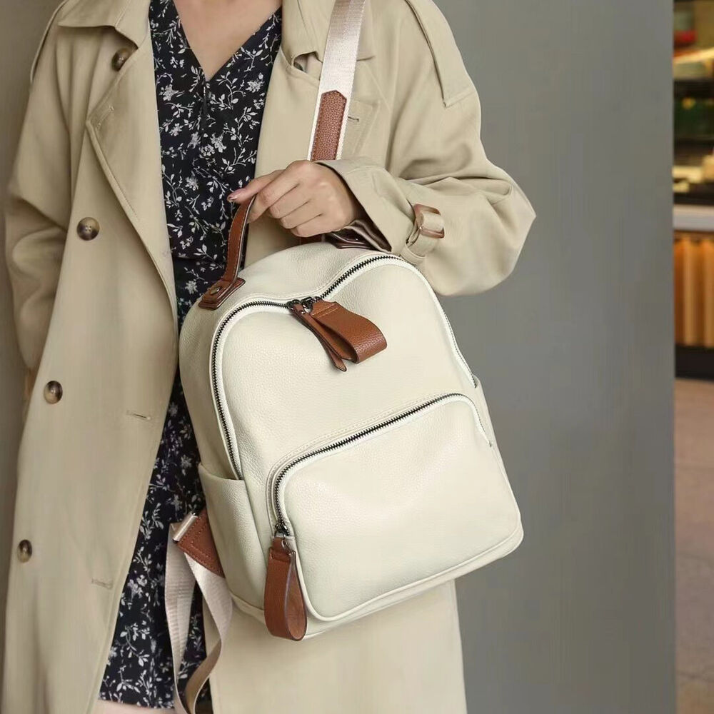 Togo Leather Women's White Backpack, Fashion outdoor Travel Bag Shoulder Bags