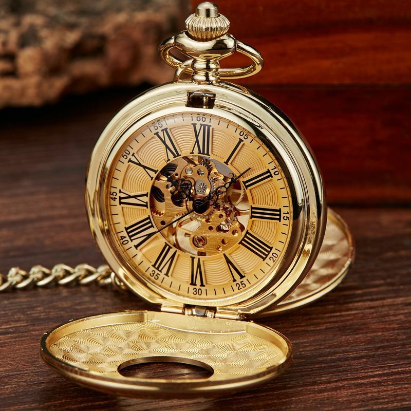 Retro Hand Wind Mechanical Pocket Watch With Fob Chains Men Hollow Skeleton Dial