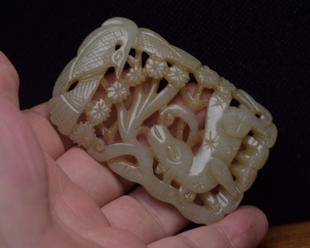 Chinese Hetian Jade Carved Deer Crane Statue Unique Wonderful Artwork Collection