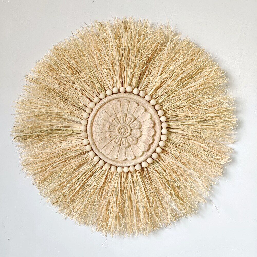 Wall Decor Boho Handmade Woven Straw Moroccan Wood Bead Hanging Ornament 45x45cm