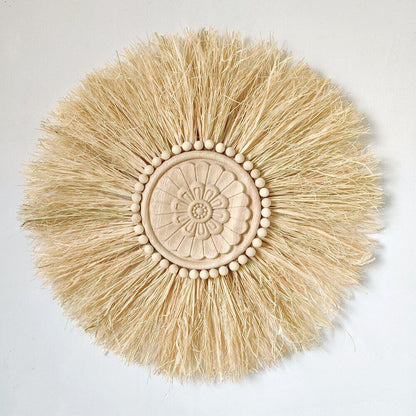 Wall Decor Boho Handmade Woven Straw Moroccan Wood Bead Hanging Ornament 45x45cm