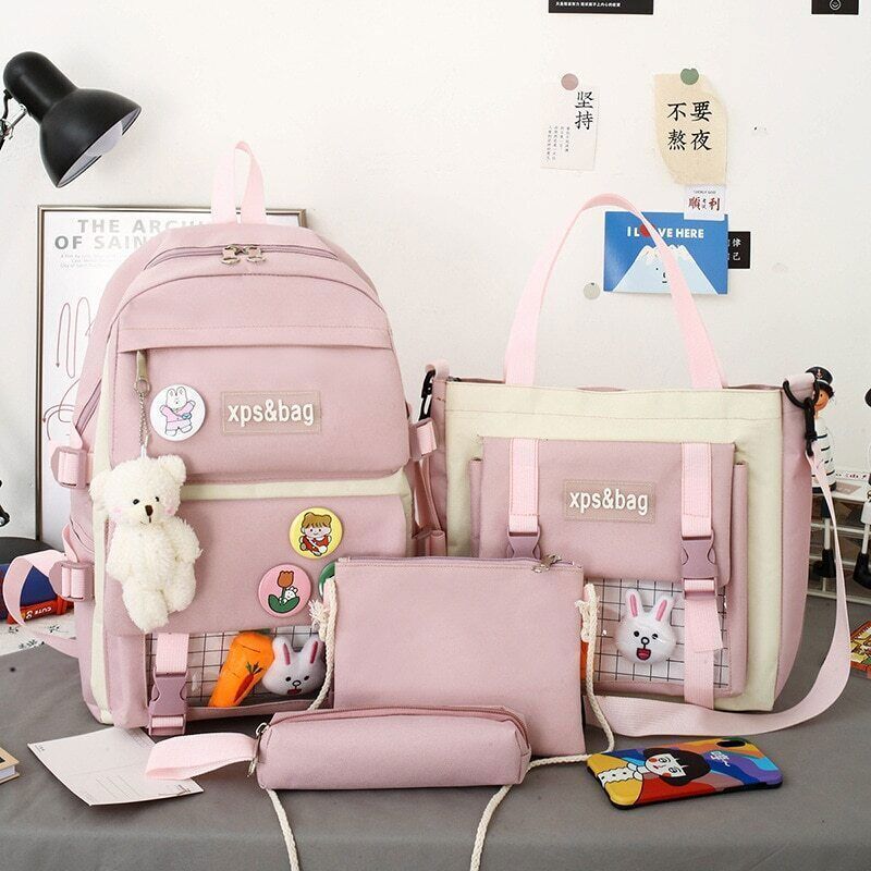 4 Pcs Sets Women Bag Women Backpack Book Bags Female with Plush Pendant