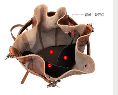 Genuine Leather Cow Skin Vintage Backpack Large Capacity Bucket Bag Handmade Bag