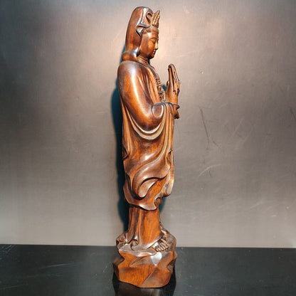 8" Wooden Chinese Quan Kwan-Yin Statues Praying Buddha Wall Decor Avalokitesvara