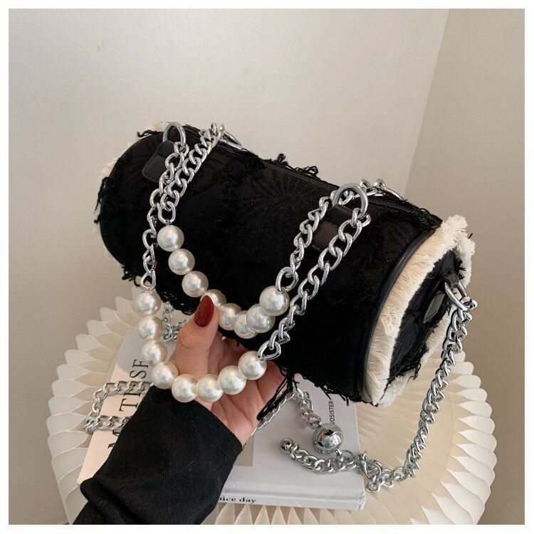 Pearl Chain Shoulder Bag Handbag Messenger Hand Cylinder Bag Purse 21*10*10 CM