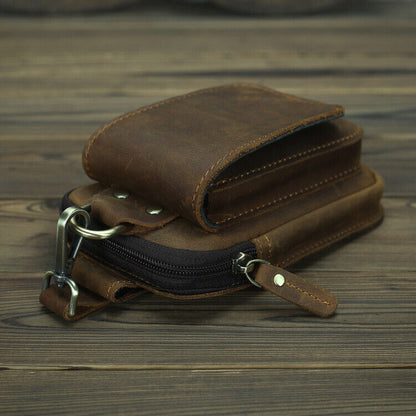 Crazy Horse Leather Men's Design Small Waist Bag Fashion Hook Fanny Belt Pack