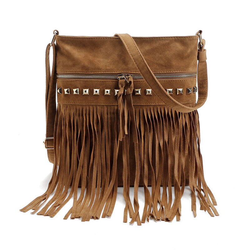Women Cross Body Shoulder Bag Suede Fabric Rivet Tassel Bag Outdoor Travel