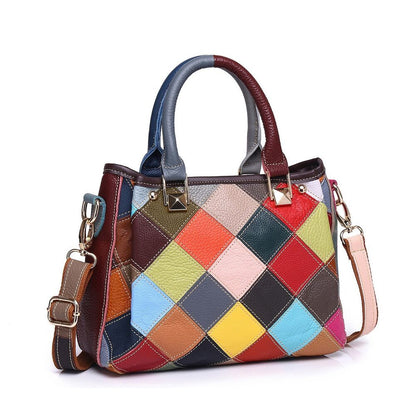 Designer Cow Leather Colorful random Patchwork Handbag Women's Tote Shoulder Bag