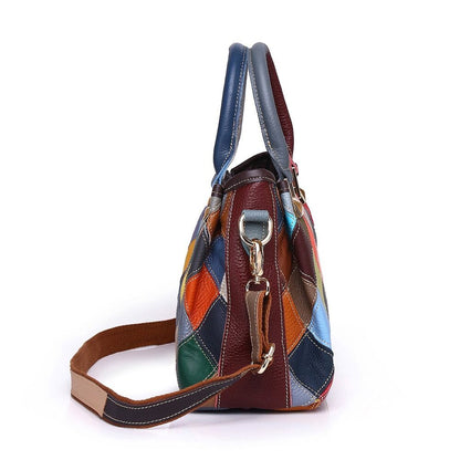 Designer Cow Leather Colorful random Patchwork Handbag Women's Tote Shoulder Bag