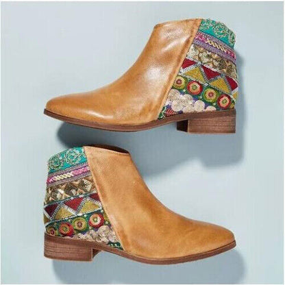 Women Embroider High Ankle Shoes Boots Leather Zipper Rivet Flower Shoes