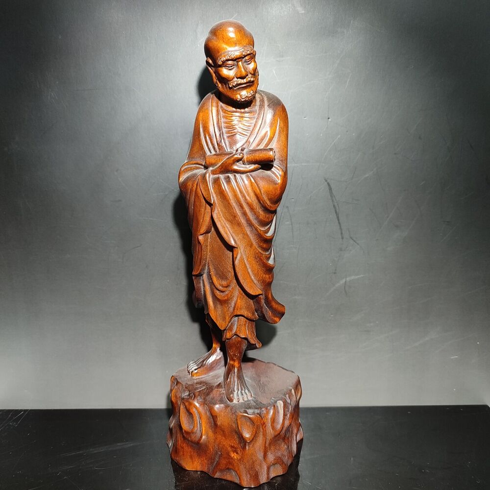 8" Boxwood Wood Ornament buddha statue carving home decor figurines dharma monk