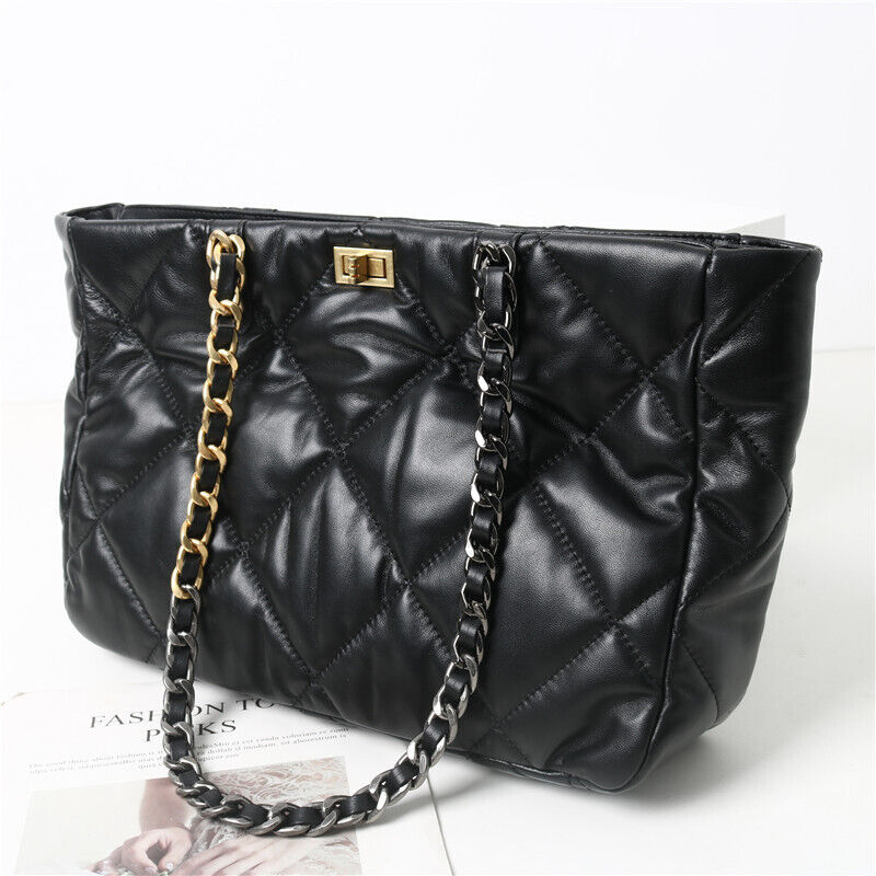 Quilted Lambskin Leather Black Tote w/ Chains Shoulder Bag Purse Handbag Fashion