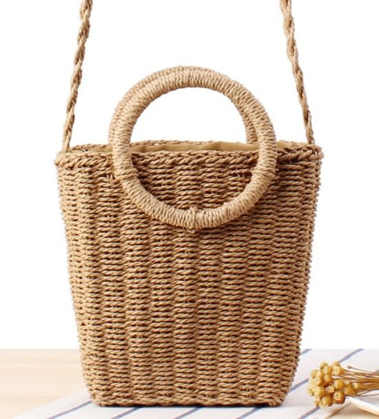 Fashion Women Round Handle Crossbody Mini Messenger Daily Straw Purse Polyester