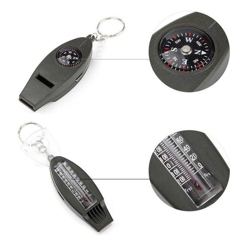 4in1 Outdoor Survival Keychain Compass Thermometer Magnifier Emergency Whistle