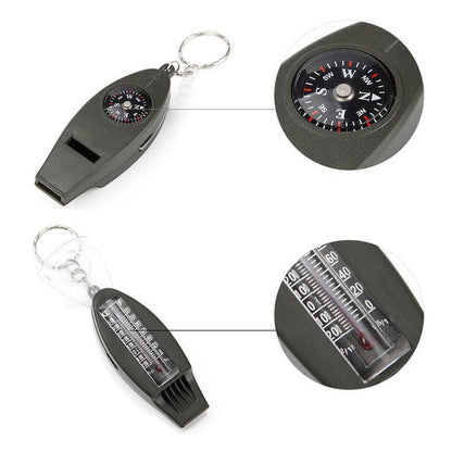 4in1 Outdoor Survival Keychain Compass Thermometer Magnifier Emergency Whistle