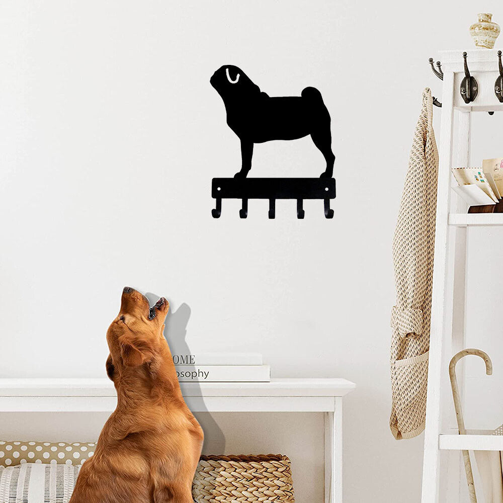 Pug Dog - Key Hooks & Keychain Holder - 6 inch Wide/9 inch Wide Metal Wall Art