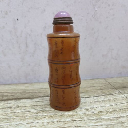 Old Peking Chinese Carved Stone Snuff Bottle Shoushan bamboo Statue Calligraphy