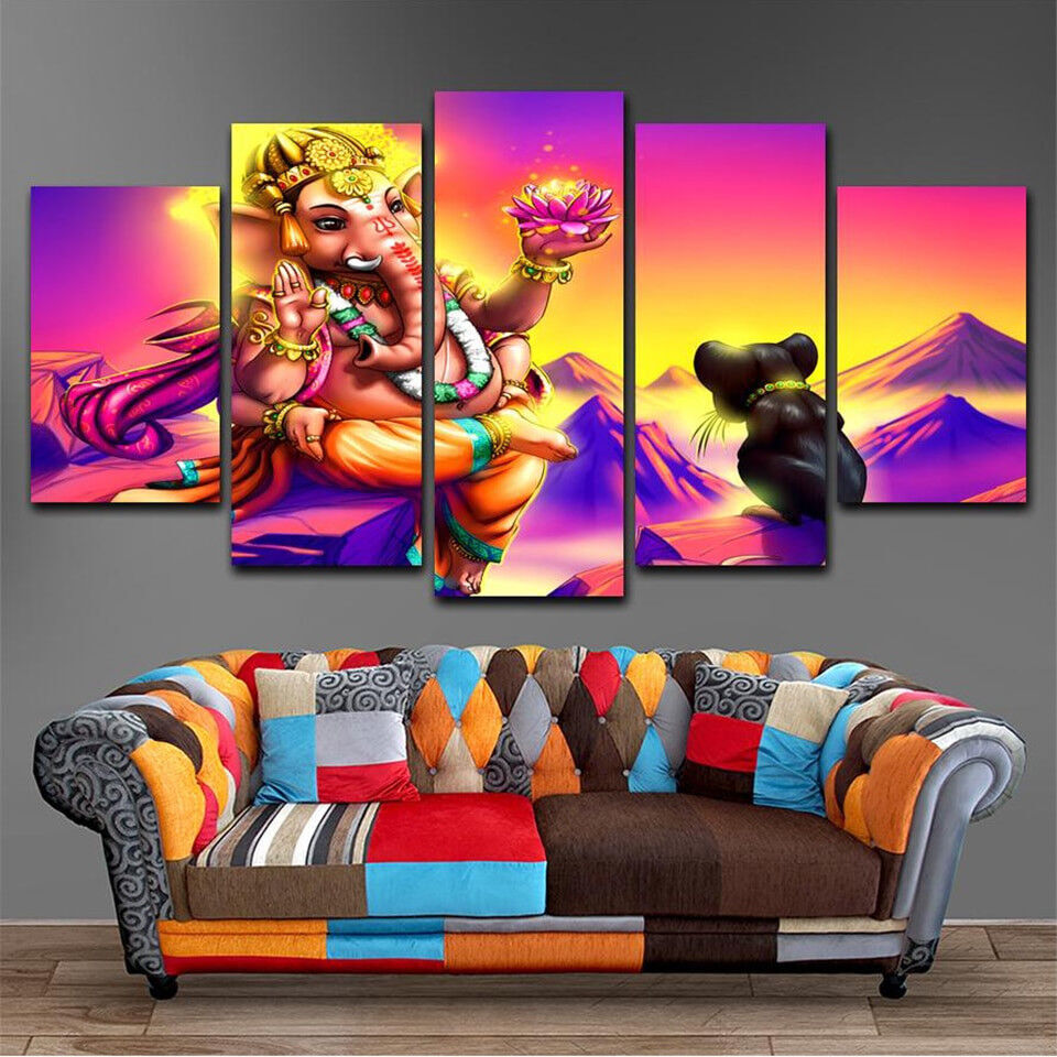 Lord Ganesha With Lotus Flower Poster 5 Panel Canvas Print Wall Art Home Decor