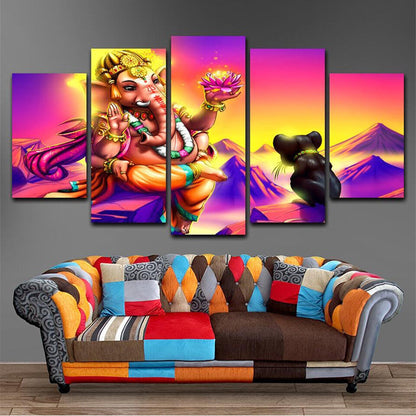 Lord Ganesha With Lotus Flower Poster 5 Panel Canvas Print Wall Art Home Decor