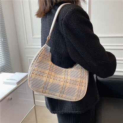 Plaid Canvas Bag Leather Crescent Shoulder Bag Zipper Handbags 24*8*18 CM 26 CM