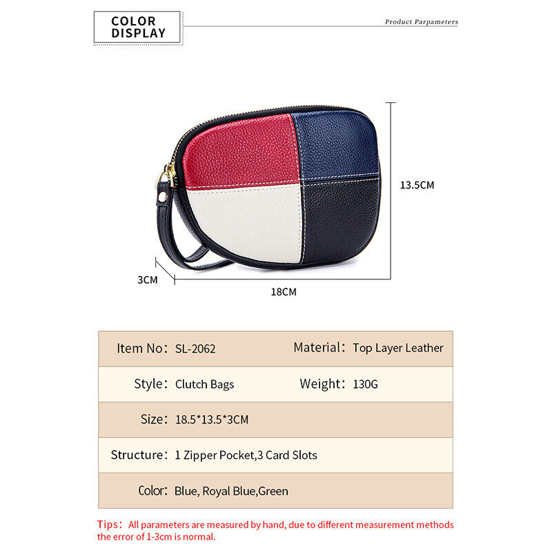 Womens Leather Hand Collar Bag Zipper Contrast Color Cowhide Phone Clutch Wallet