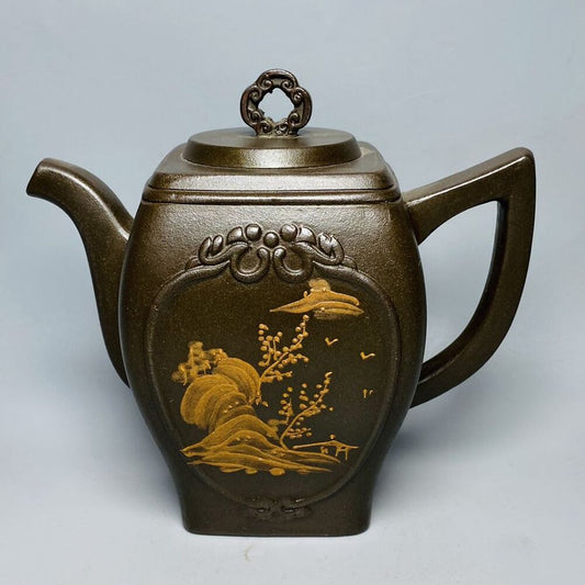 Vintage China Yixing Purple Clay Teapot Zisha Ceramic Painted Landscape Teaware