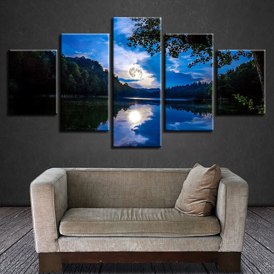 Forest Lake Moonlit Blue Sky 5 Panel Canvas Print Wall Art Home Decor Painting