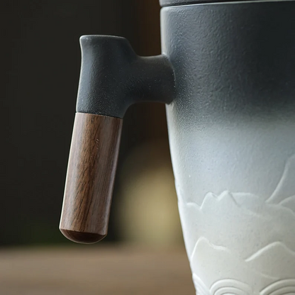 Embersceramic Ceramic Tea Cup with Infuser and Lid Tea Mugs Wooden Handle 350ml