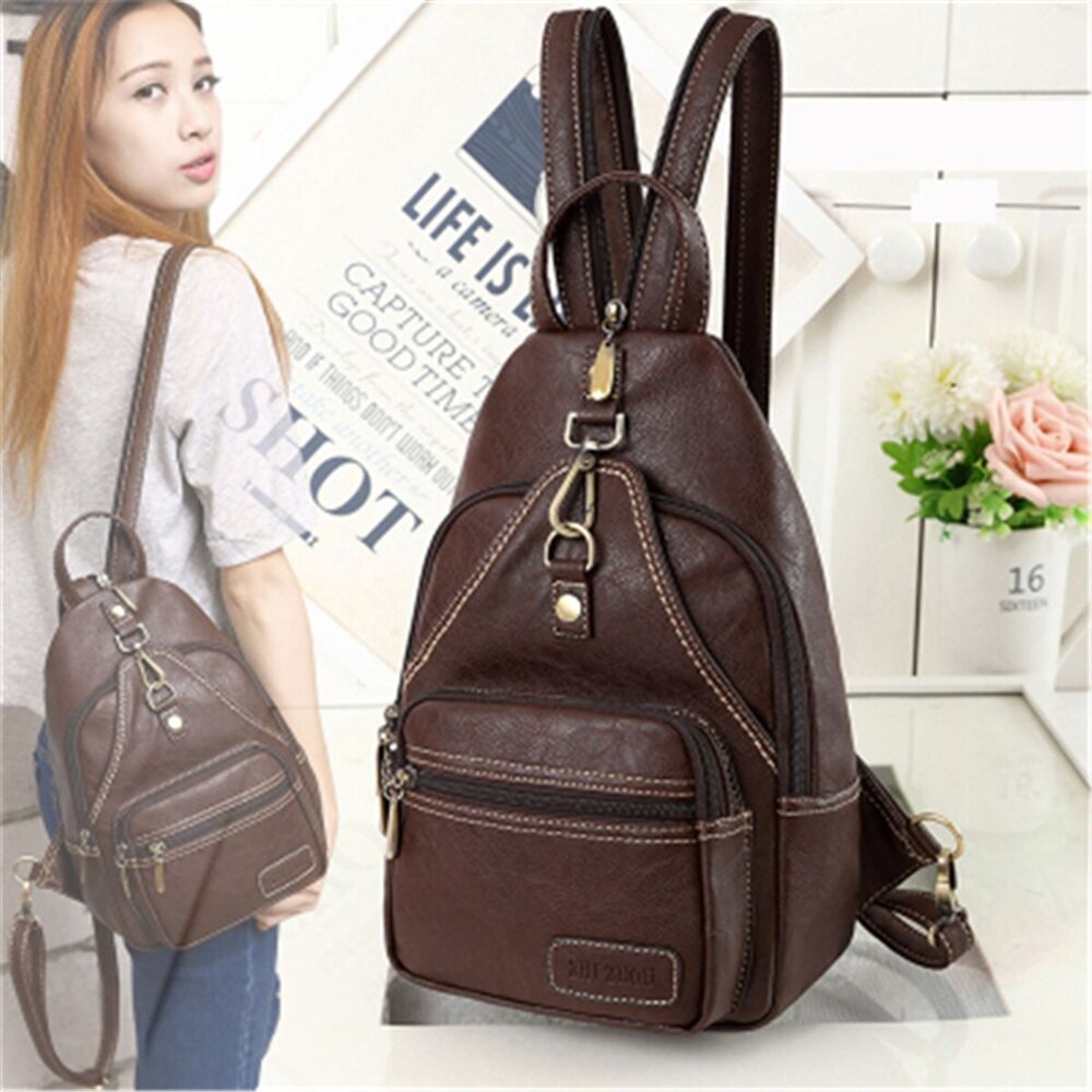 Womens PU Leather Vintage Outdoor Portable Chest Crossbody Shoulder Bag Backpack