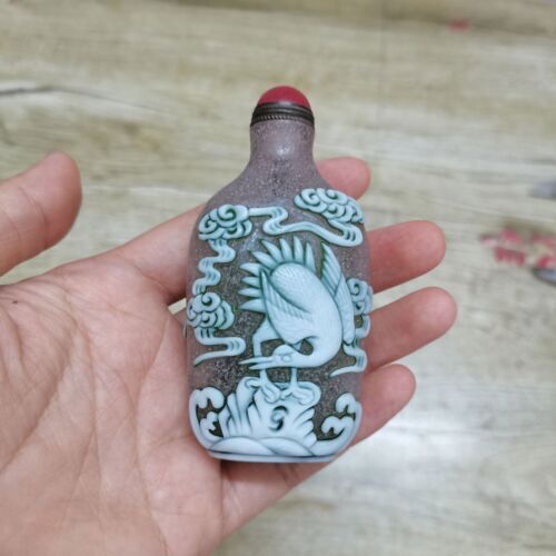 Collection Chinese Beijing Glaze Carved Flower Bird Exquisite Snuff Bottle Glass