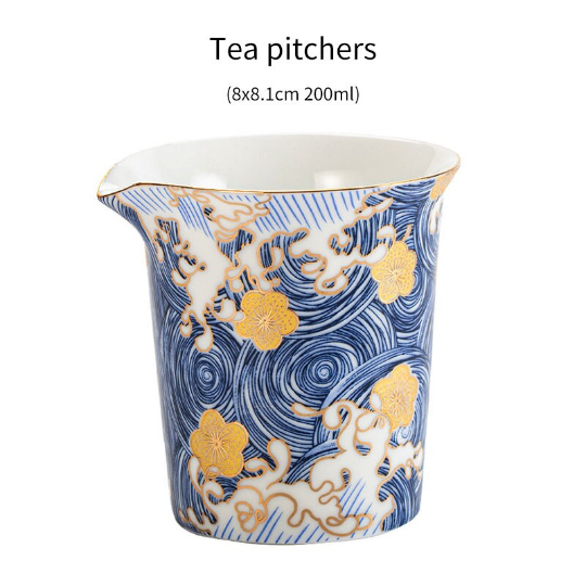 Ceramic Tea Pitchers Blue Gold Flower Chinese Kung Fu Tea Accessory