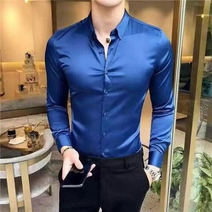 Camisa Ajustada De Seda De Hombres Ropa De Vestir Larga A Cuadros Elegante
