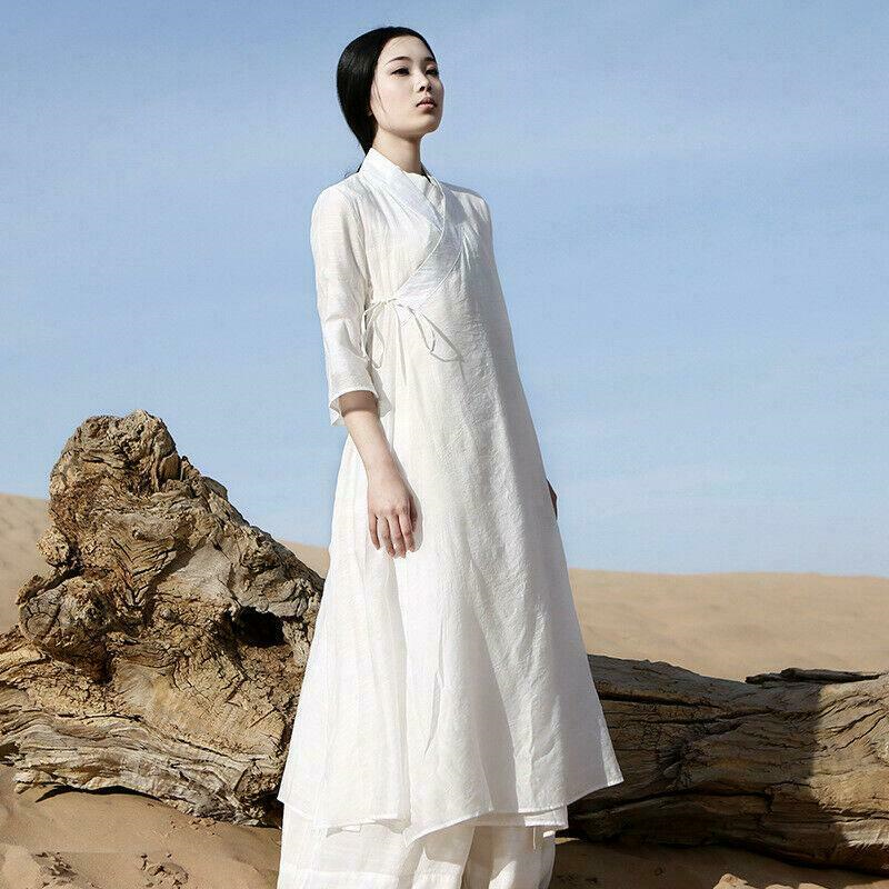 Chinese Style Womens Casual Cotton Linen Long Robe Dresses Gown Loose fit dress