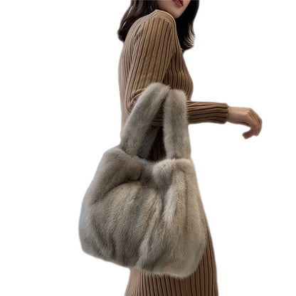 Womens Real Fur Handbag Full-pelt Mink Fur Tote Bag Genuine Sheep Leather Bottom