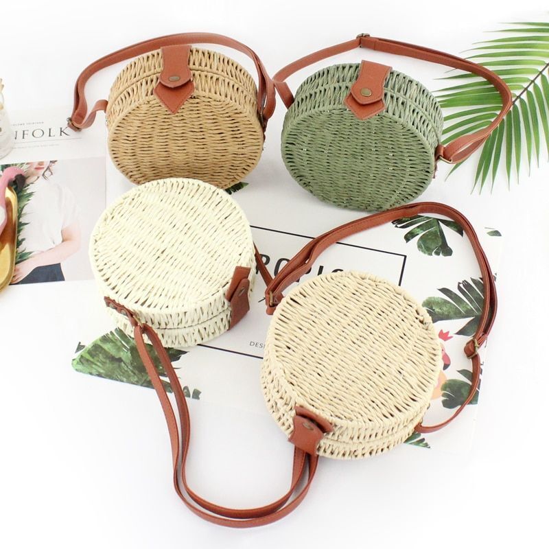 Women Summer Rattan Bag Round Straw Handmade Beach Bag Bohemia Handbag 1PC Green