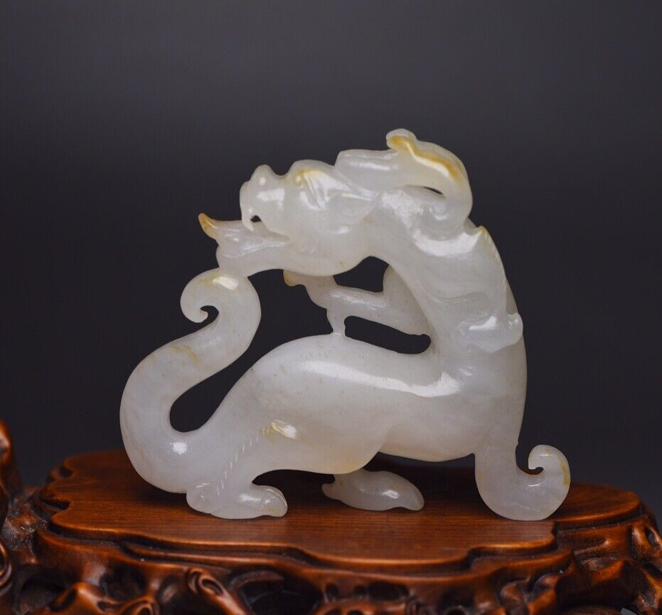 Chinese Top Natural Hetian Jade Carved Exquisite Fierce Dragon Statue Figurines