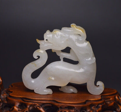 Chinese Top Natural Hetian Jade Carved Exquisite Fierce Dragon Statue Figurines