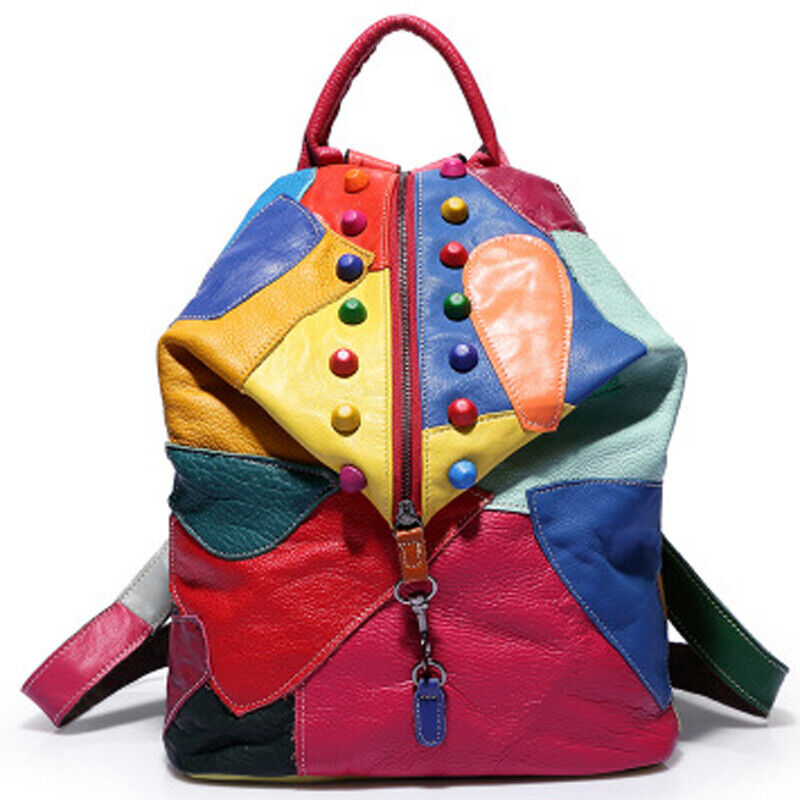 Sheepskin Leather Women's Colorful Blocks Patchwork Backpack Travel Bag Rucksack